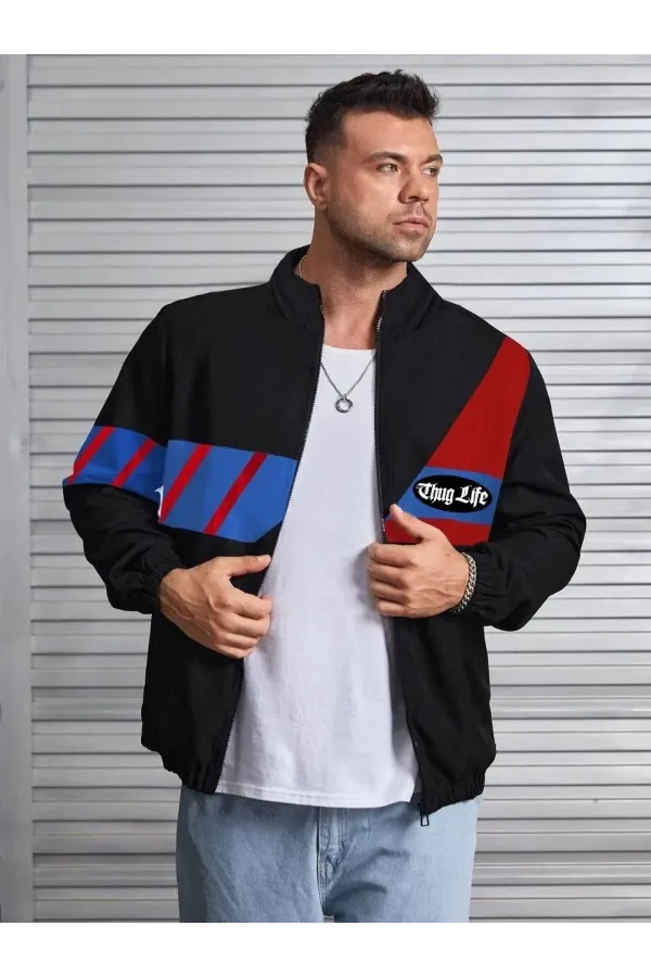 ERKEK Uzun Koll Fermuarlı Baskılı Rüzgarlik - Siyah