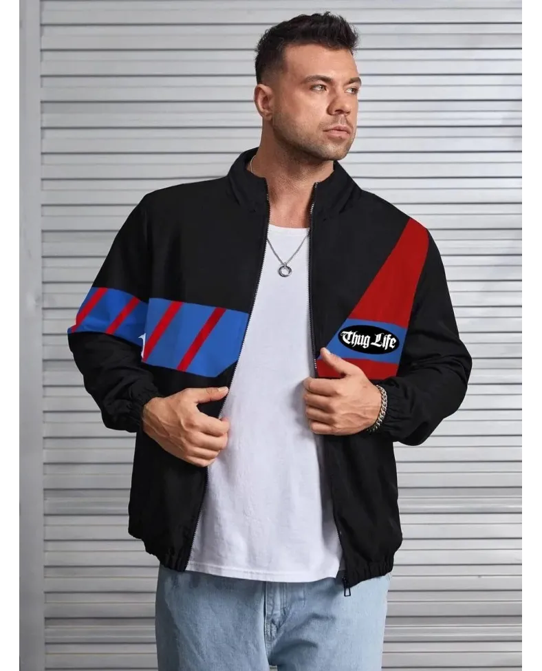 ERKEK Uzun Koll Fermuarlı Baskılı Rüzgarlik - Siyah