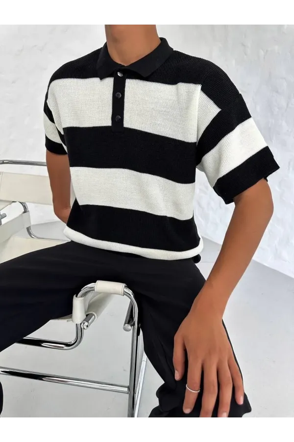 Erkek Yakalı Düğmeli Triko T-Shirt - Siyah