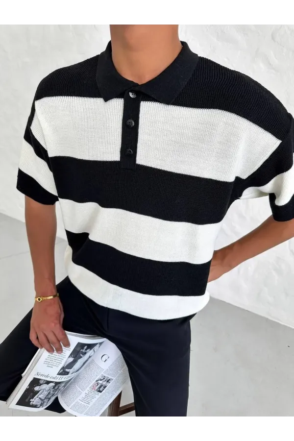 Erkek Yakalı Düğmeli Triko T-Shirt - Siyah