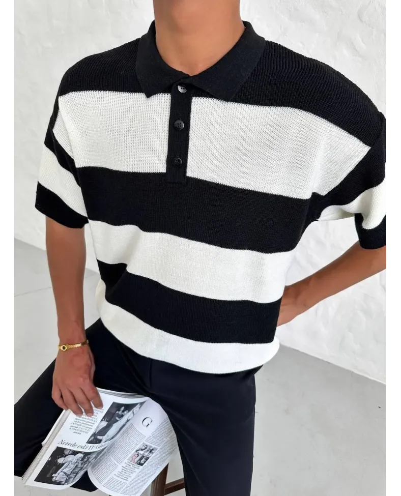 Erkek Yakalı Düğmeli Triko T-Shirt - Siyah