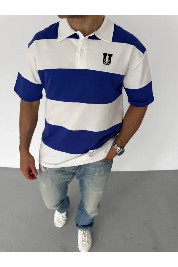 Unisex Yakalı Parçalı ve Baskılı T-shirt - Mavi