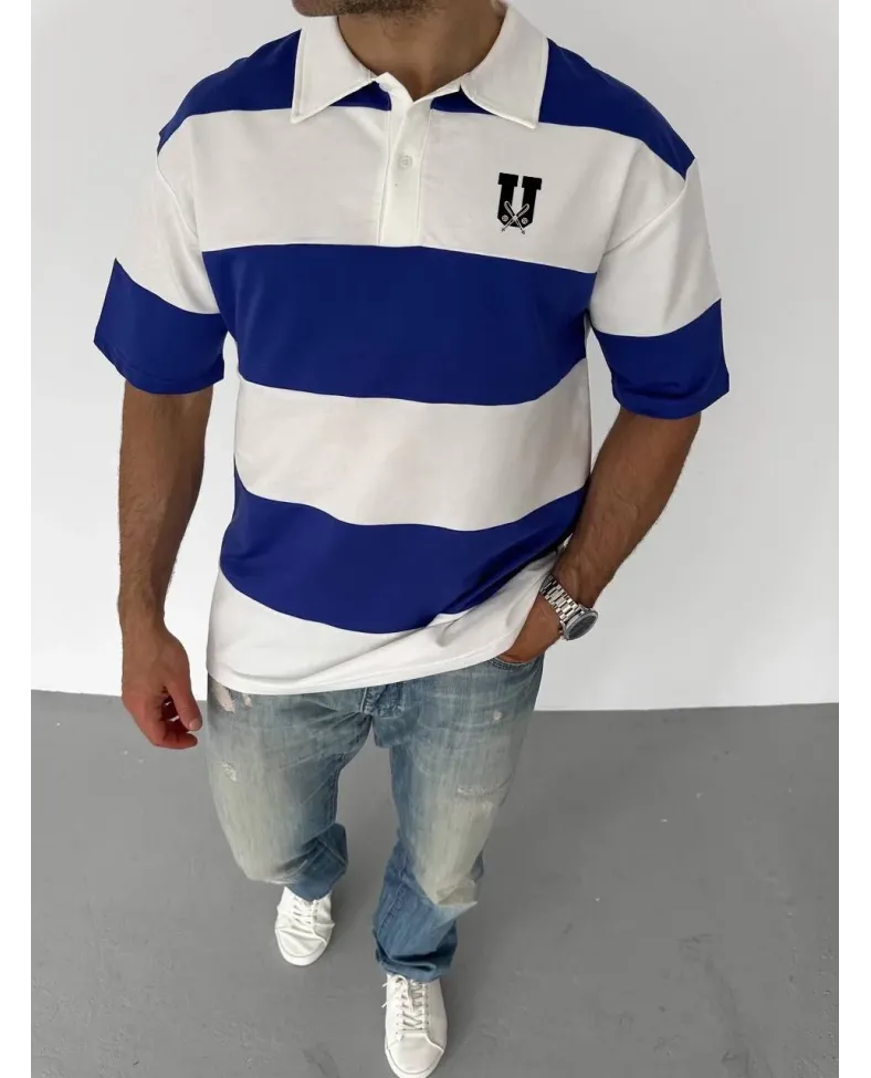 Unisex Yakalı Parçalı ve Baskılı T-shirt - Mavi