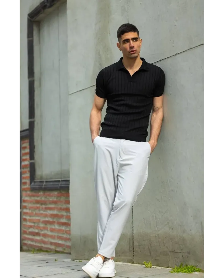 Erkek  V Yakalı Triko T-Shirt - Siyah