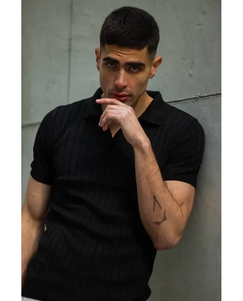 Erkek  V Yakalı Triko T-Shirt - Siyah