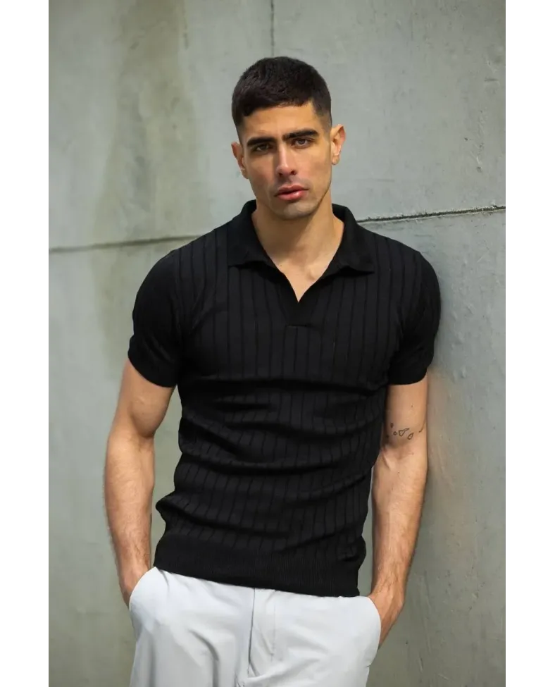 Erkek  V Yakalı Triko T-Shirt - Siyah