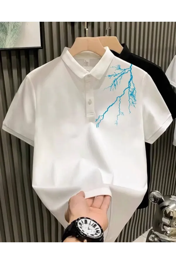 ERKEK Yakası Düğmeli Oversize Baskılı - Beyaz