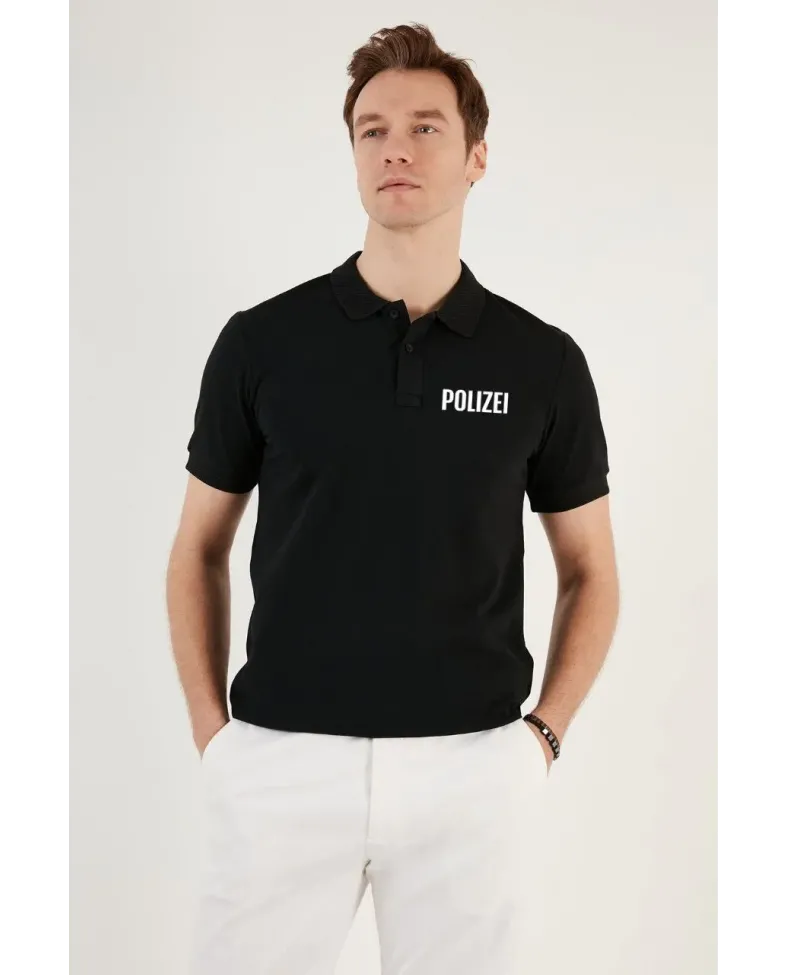 Yakası Düğmeli Yakalı Pike Baskılı T-Shirt - Siyah