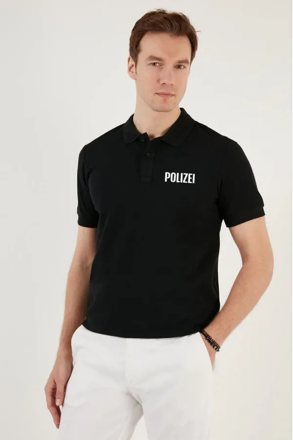 Yakası Düğmeli Yakalı Pike Baskılı T-Shirt - Siyah