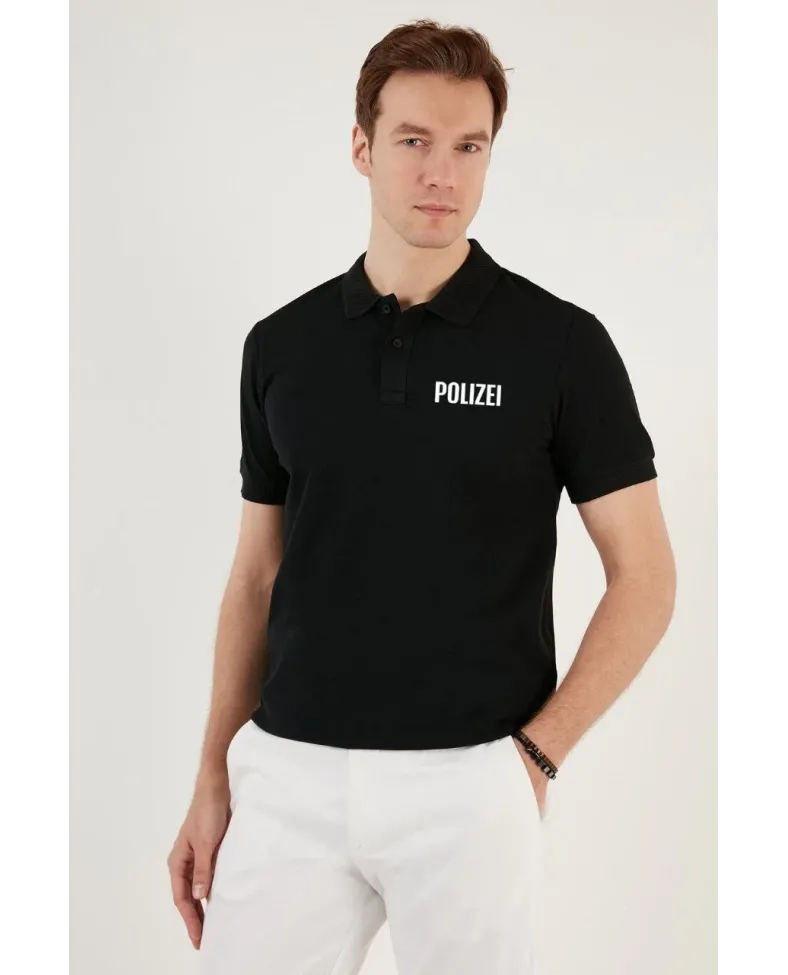 Yakası Düğmeli Yakalı Pike Baskılı T-Shirt - Siyah