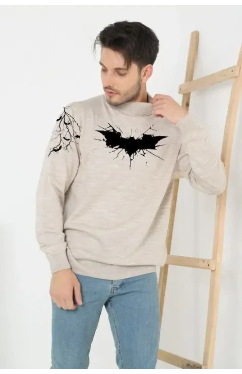 Erkek Yarım Bağazlı Kazak Baskılı Dokuma Triko - Bej