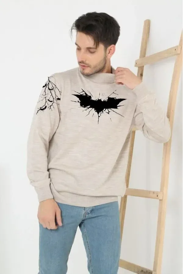 Erkek Yarım Bağazlı Kazak Baskılı Dokuma Triko - Bej