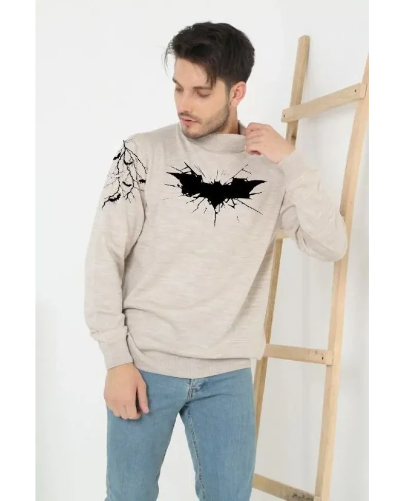 Erkek Yarım Bağazlı Kazak Baskılı Dokuma Triko - Bej