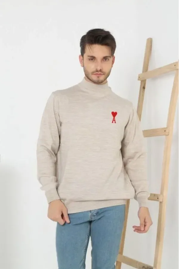 Erkek Yarım Bağazlı Kazak Baskılı Dokuma Triko - Bej