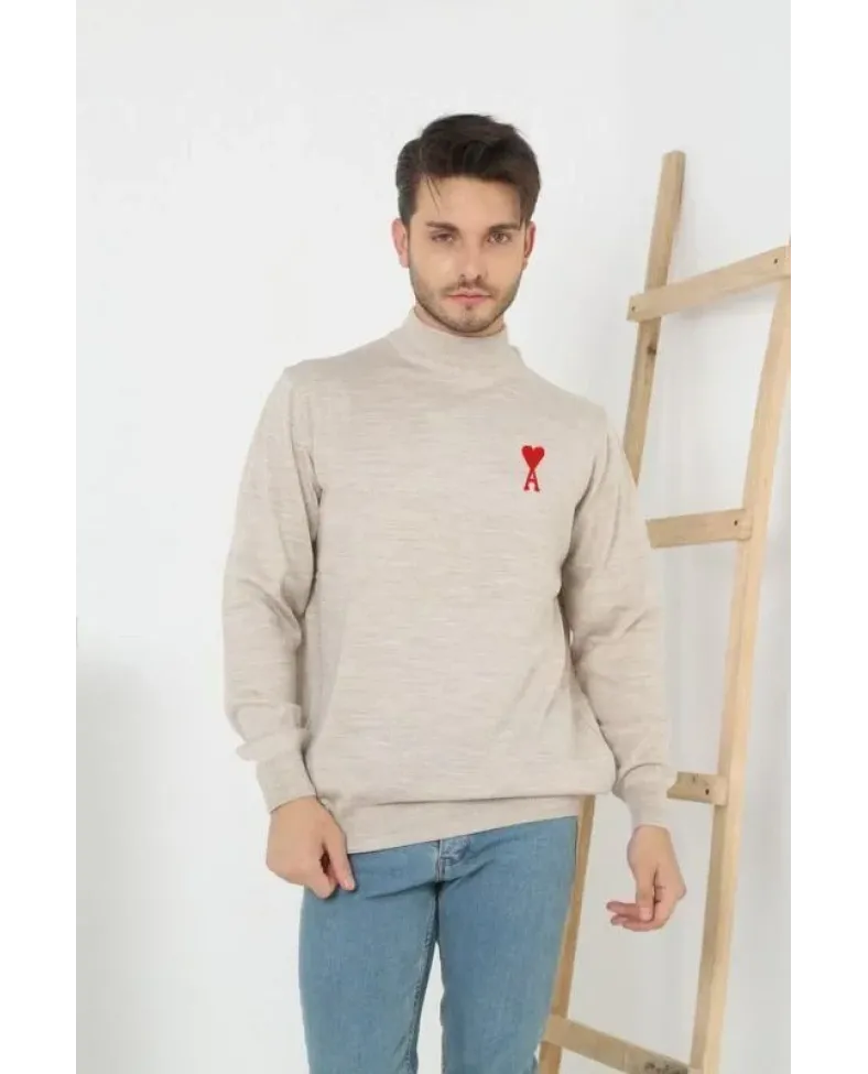 Erkek Yarım Bağazlı Kazak Baskılı Dokuma Triko - Bej Somersan Giyim | Kadın, Erkek ve Çocuk Moda