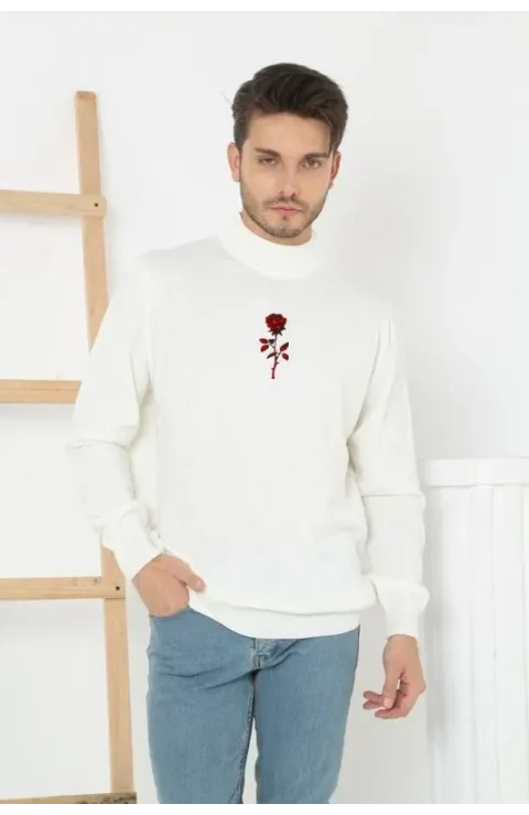 Erkek Yarım Bağazlı Kazak Baskılı Dokuma Triko - Beyaz