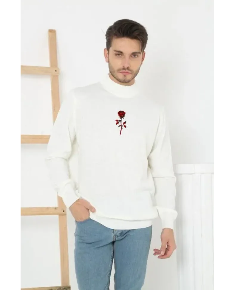 Erkek Yarım Bağazlı Kazak Baskılı Dokuma Triko - Beyaz