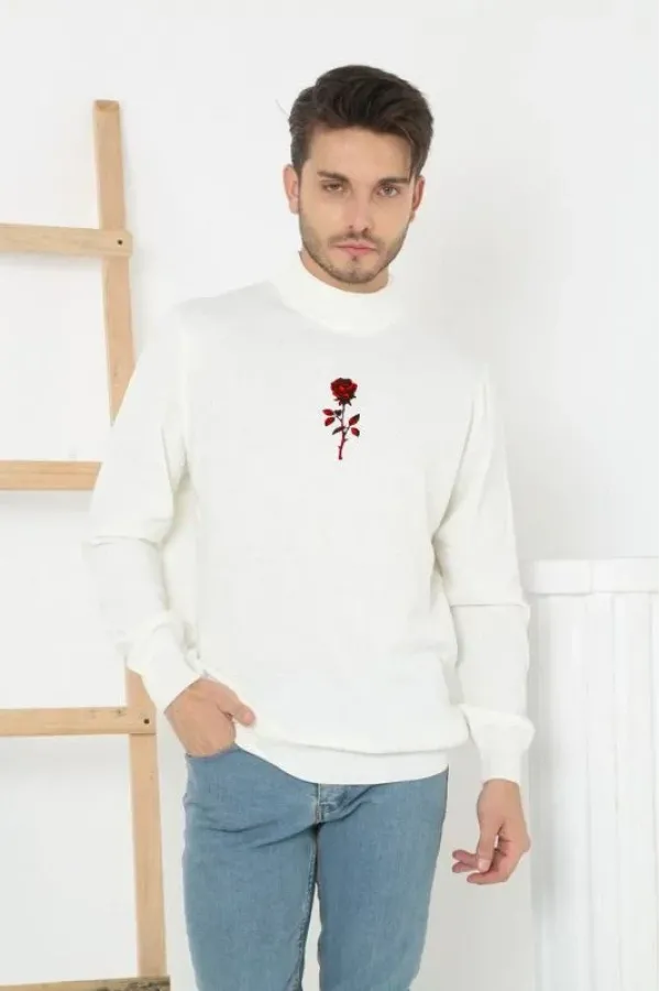 Erkek Yarım Bağazlı Kazak Baskılı Dokuma Triko - Beyaz