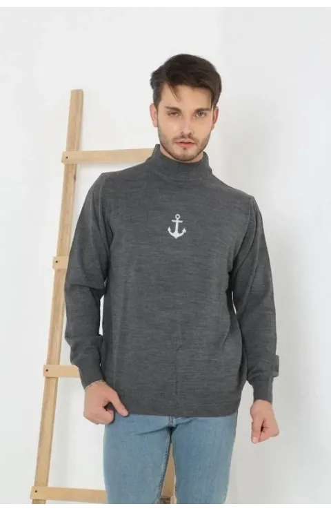 Erkek Yarım Bağazlı Kazak Baskılı Dokuma Triko - Füme