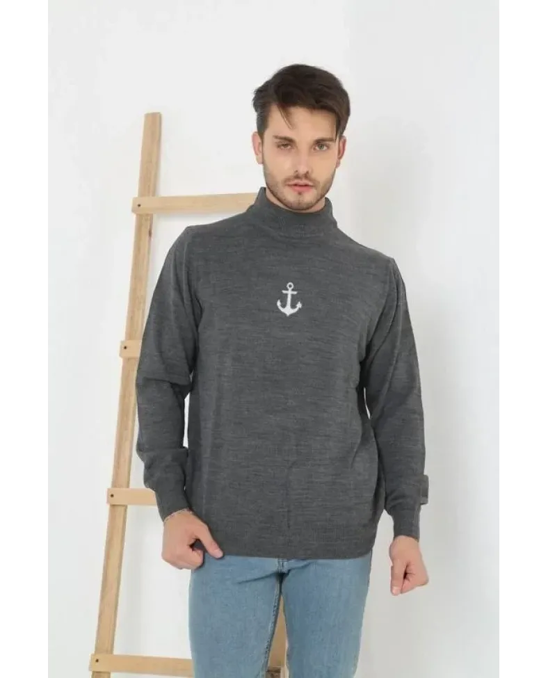 Erkek Yarım Bağazlı Kazak Baskılı Dokuma Triko - Füme