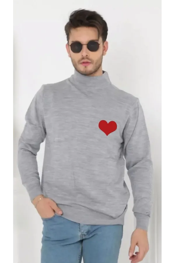 Erkek Yarım Bağazlı Kazak Kalp Baskılı Dokuma Triko - Gri