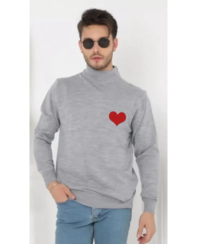 Erkek Yarım Bağazlı Kazak Kalp Baskılı Dokuma Triko - Gri Somersan Giyim | Kadın, Erkek ve Çocuk Moda