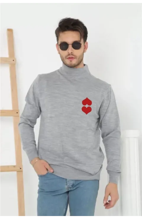 Erkek Yarım Bağazlı Kazak Baskılı Dokuma Triko - Gri