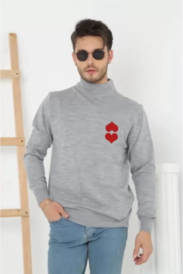Erkek Yarım Bağazlı Kazak Baskılı Dokuma Triko - Gri