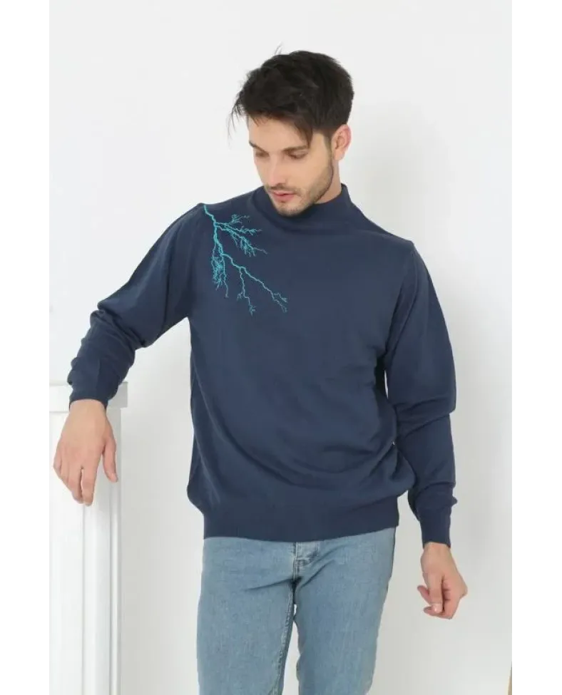 Erkek Yarım Bağazlı Kazak Baskılı Dokuma Triko - Indigo