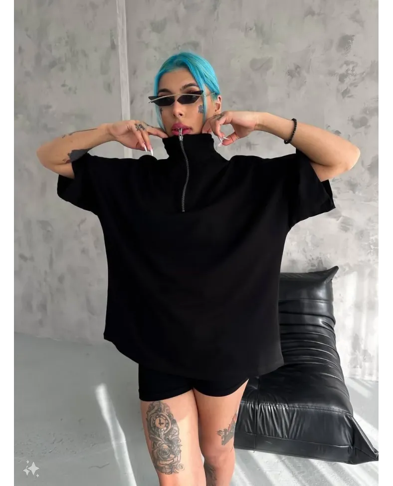 Unisex Yarım Fermuarlı Basic T-Shirt - Siyah