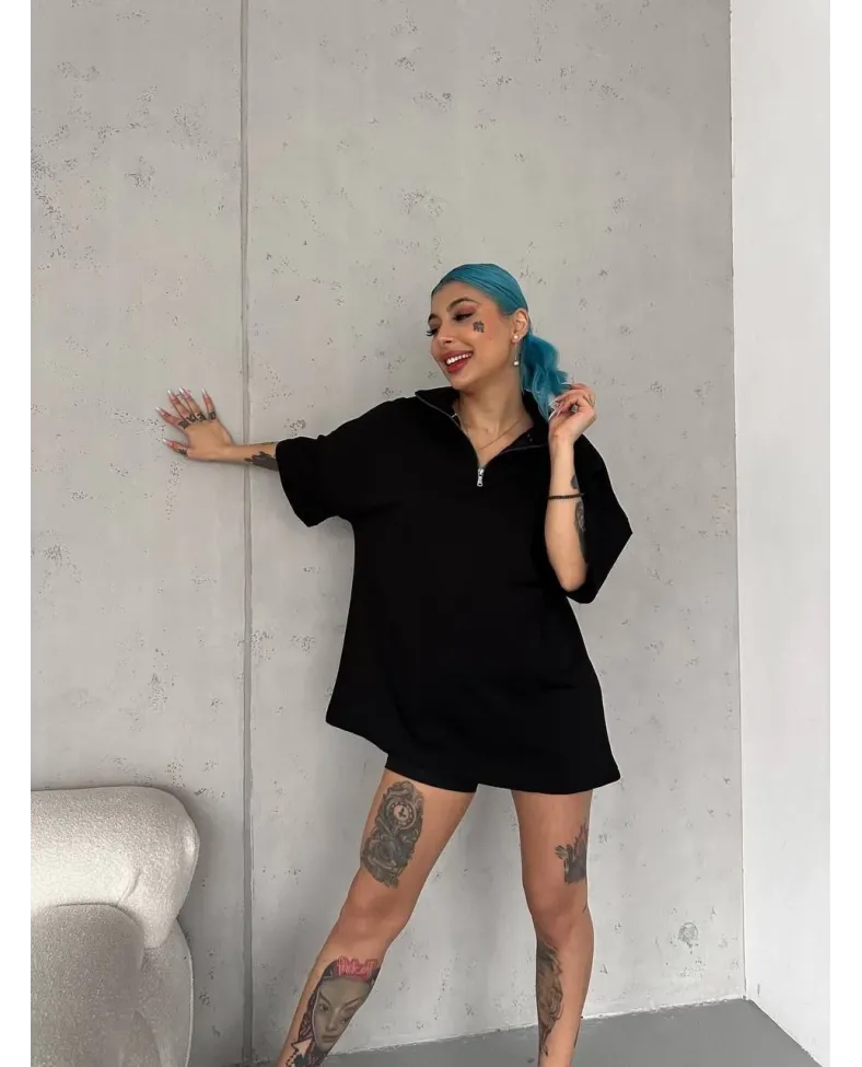 Unisex Yarım Fermuarlı Basic T-Shirt - Siyah