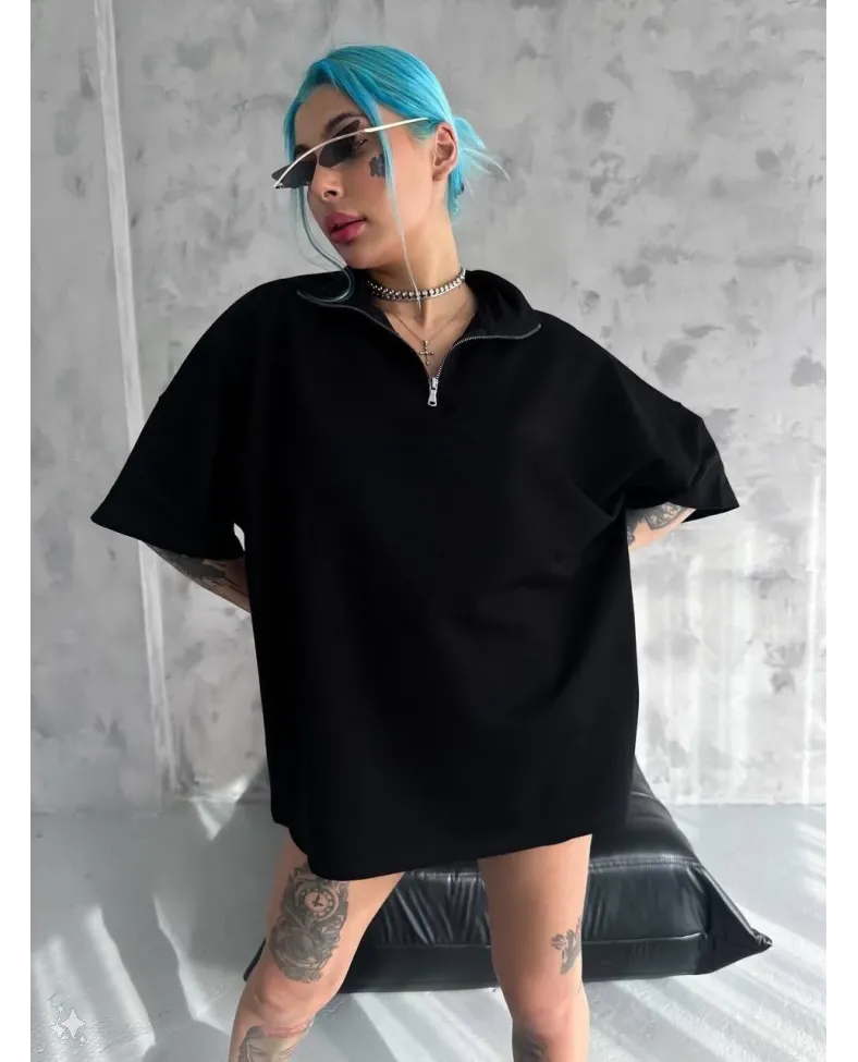 Unisex Yarım Fermuarlı Basic T-Shirt - Siyah