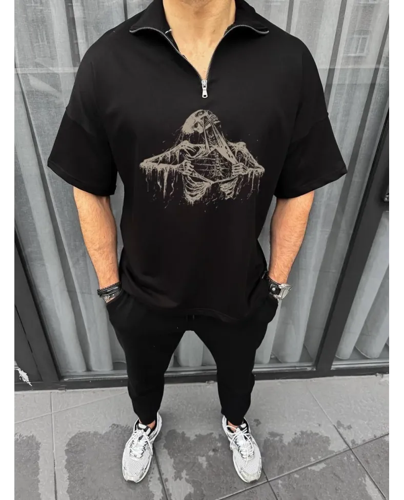 Unisex Yarım Fermuarlı Baskılı Oversize T-Shirt - Siyah