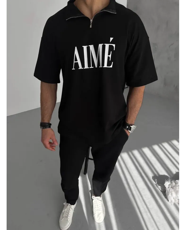 ERKEK Yarım Fermuarlı Baskılı T-Shirt - Siyah