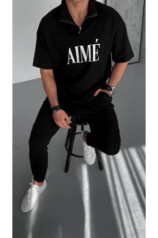 ERKEK Yarım Fermuarlı Baskılı T-Shirt - Siyah