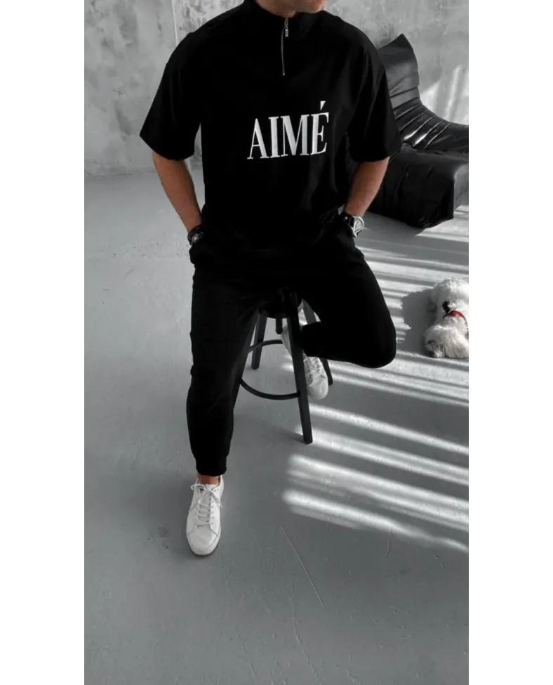 ERKEK Yarım Fermuarlı Baskılı T-Shirt - Siyah