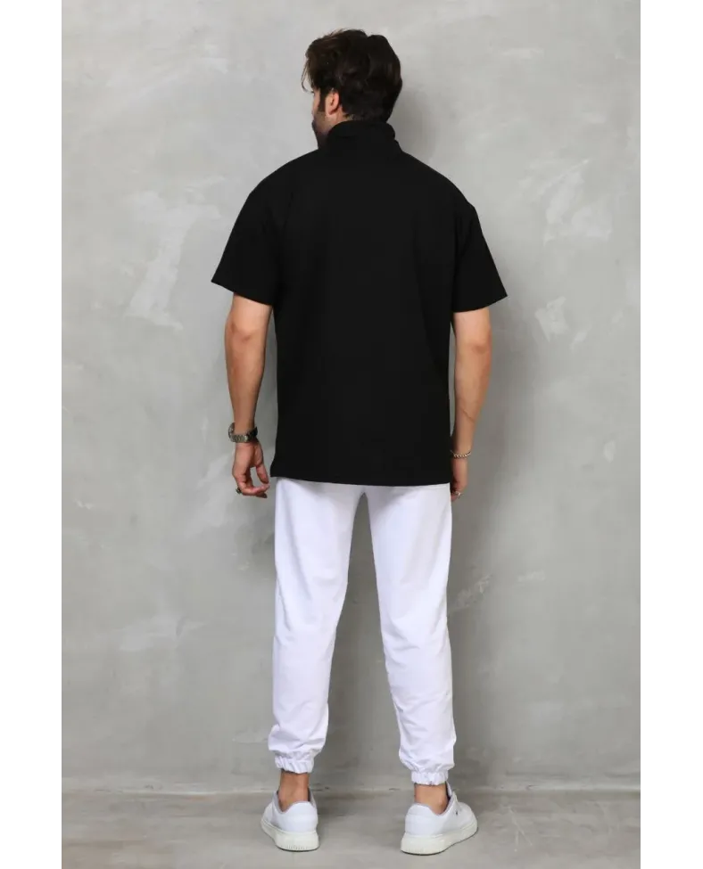 Unisex Yarım Fermuarlı Düz Oversize T-shirt - Siyah