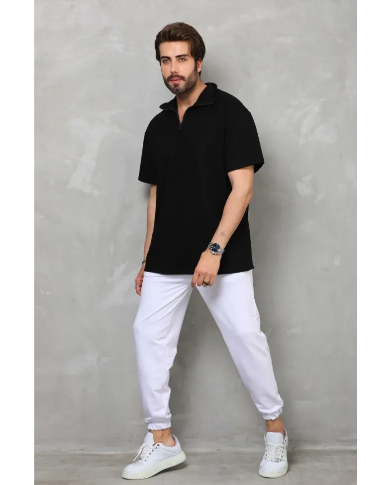 Unisex Yarım Fermuarlı Düz Oversize T-shirt - Siyah