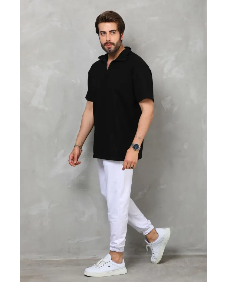 Unisex Yarım Fermuarlı Düz Oversize T-shirt - Siyah