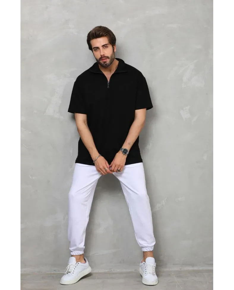 Unisex Yarım Fermuarlı Düz Oversize T-shirt - Siyah