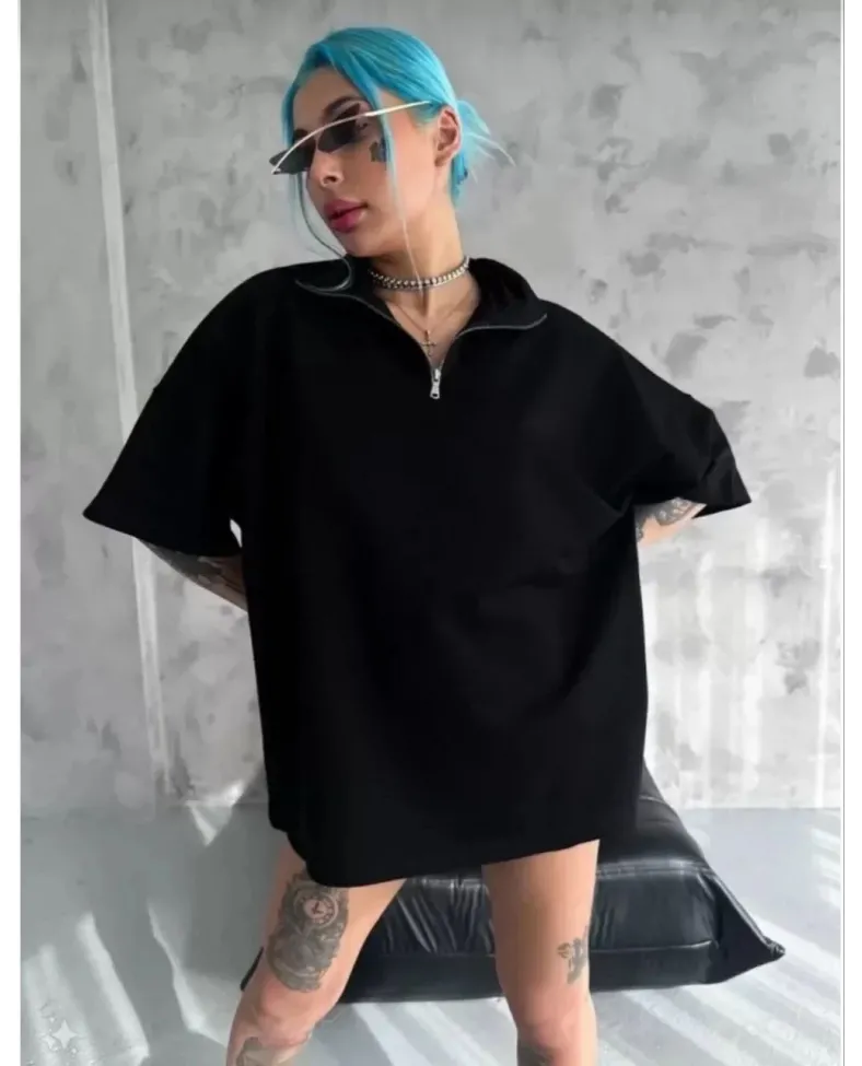 Unisex Yarım Fermuarlı Düz Oversize T-Shirt - Siyah