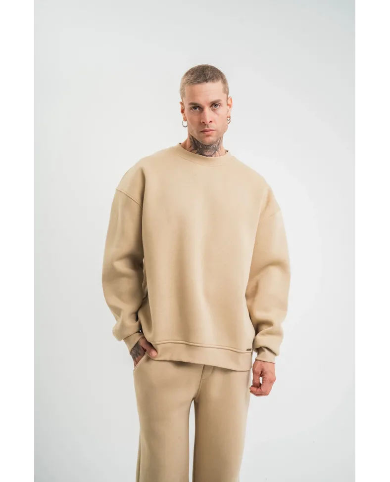 Uzun Kol Bisiklet Yaka Basic SweatShirt - Bej
