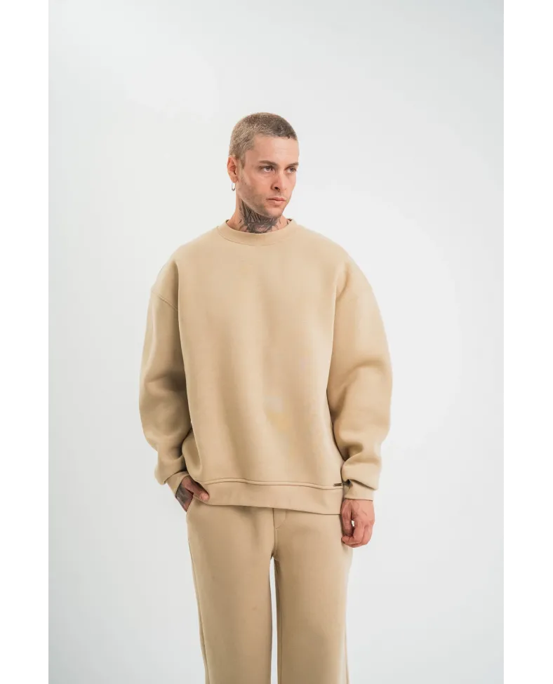 Uzun Kol Bisiklet Yaka Basic SweatShirt - Bej