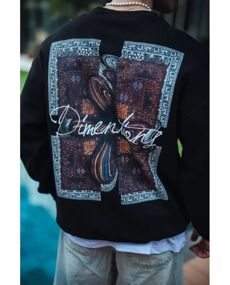 Uzun Kol Bisiklet Yaka Ön ve Arka Baskılı SweatShirt - Siyah