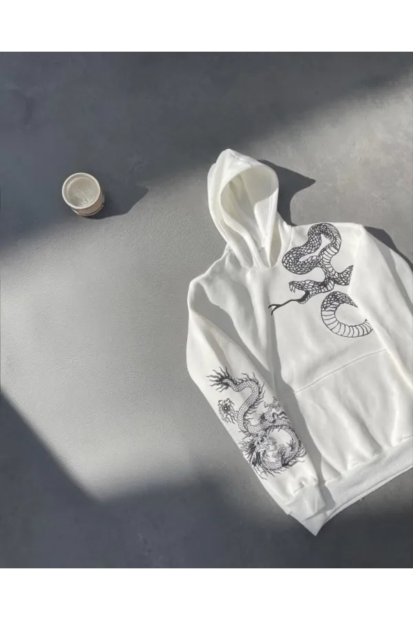 Uzun Kol Kapüşonlu Baskılı SweatShirt - Beyaz