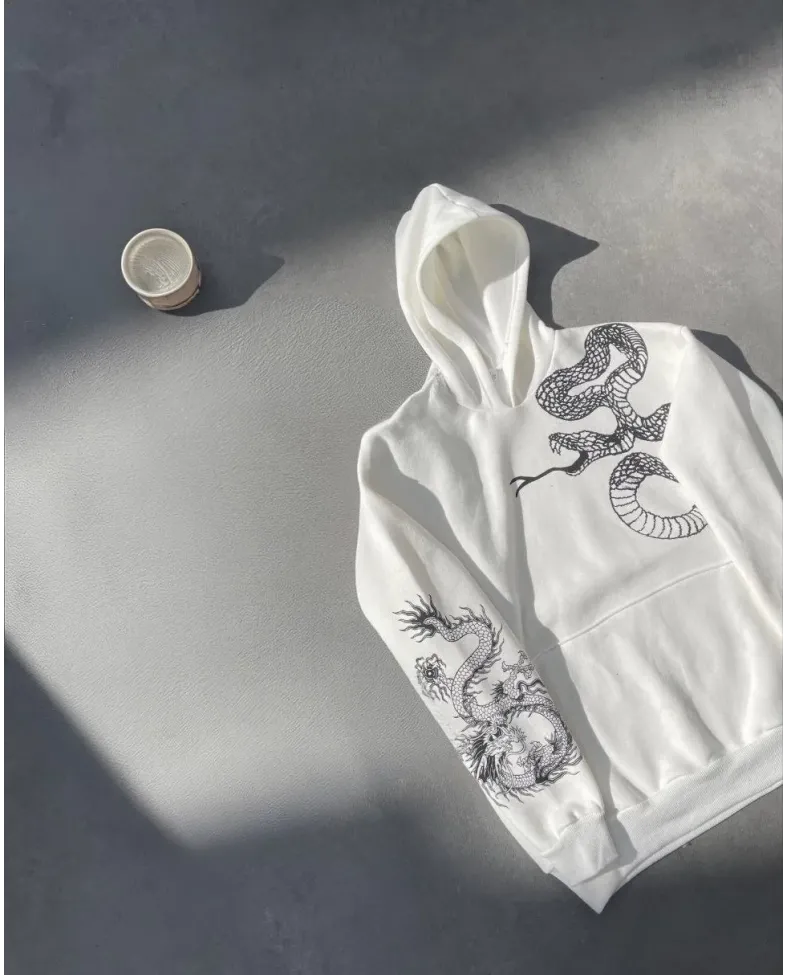 Uzun Kol Kapüşonlu Baskılı SweatShirt - Beyaz