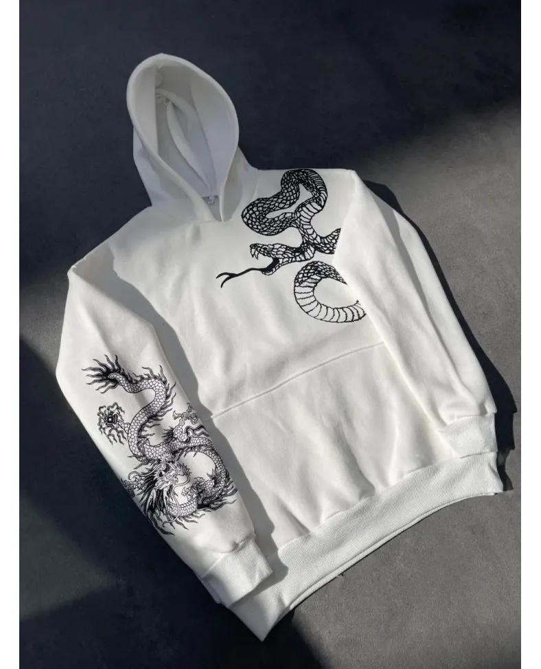 Uzun Kol Kapüşonlu Baskılı SweatShirt - Beyaz