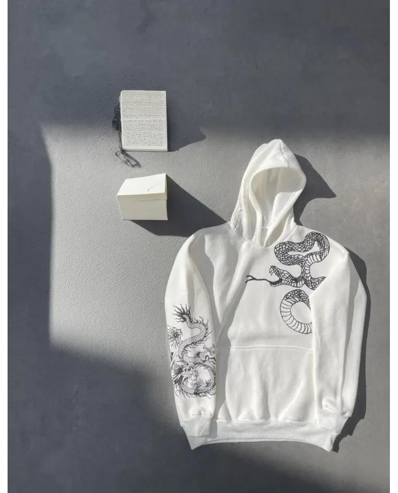 Uzun Kol Kapüşonlu Baskılı SweatShirt - Beyaz