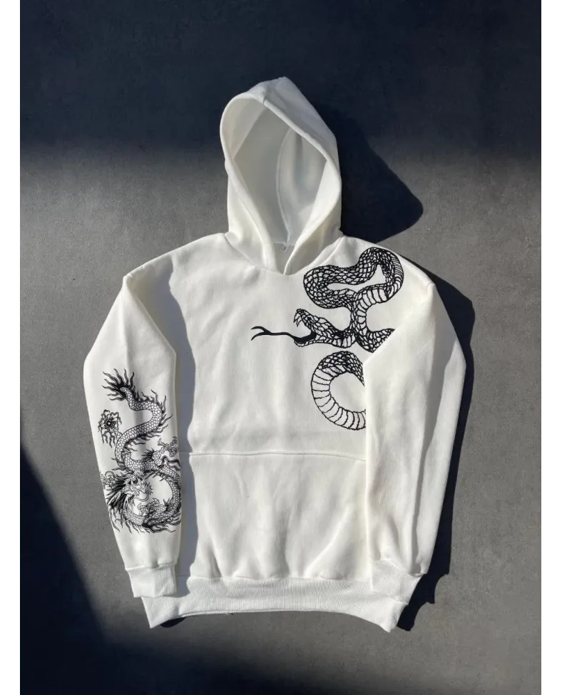 Uzun Kol Kapüşonlu Baskılı SweatShirt - Beyaz