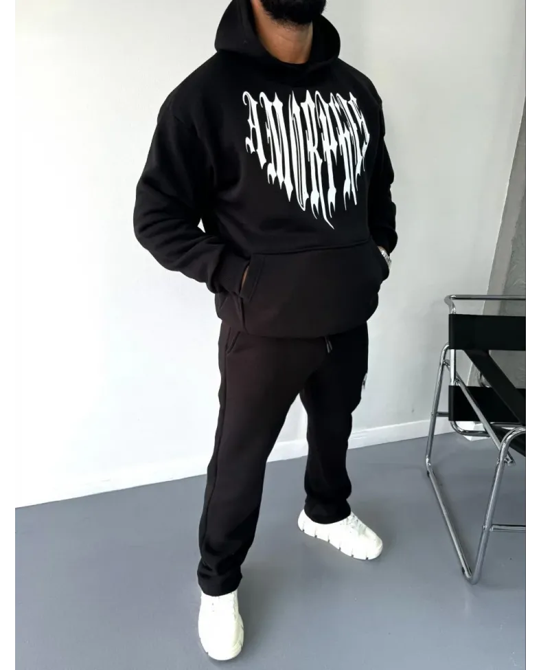 Uzun Kol Kapüşonlu Baskılı SweatShirt - Siyah